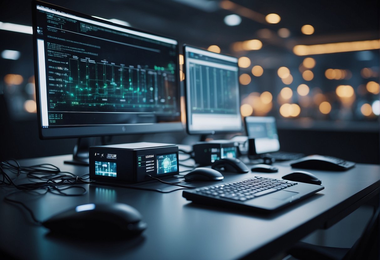 A futuristic data erasure facility with advanced technology and robotic arms performing secure data wiping on various devices