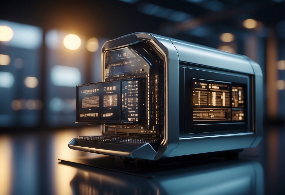 A futuristic data erasure machine with advanced technology and security measures in a sleek, modern setting