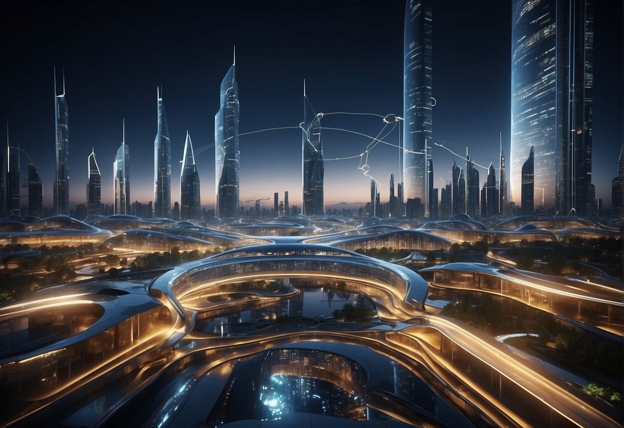 A futuristic cityscape with interconnected data centers and networks, showcasing advanced infrastructure and architecture for data erasure