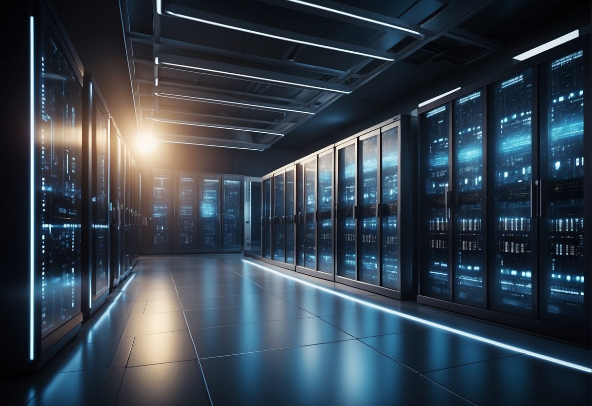 A futuristic data center with advanced processing equipment and analytics tools, showcasing the cutting-edge technology of data erasure