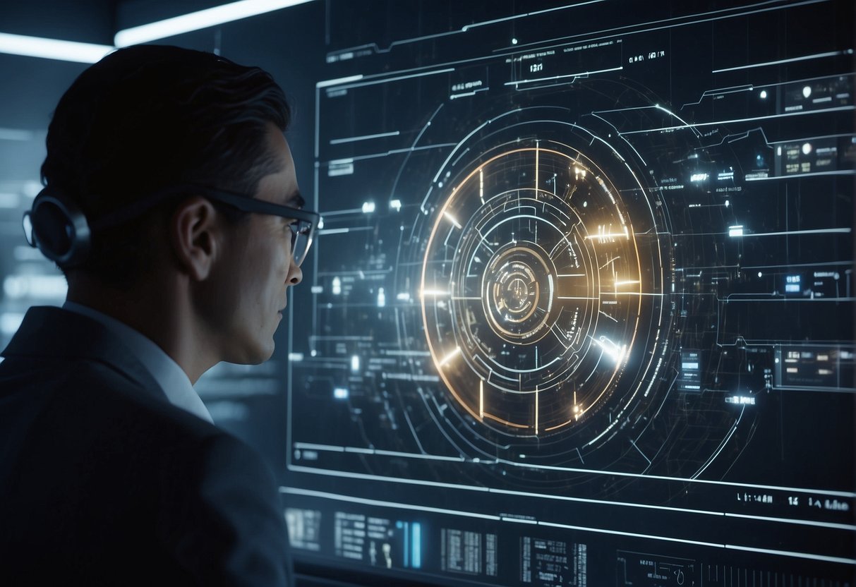 AI and ML algorithms analyzing data patterns, while futuristic technology erases data. Futuristic setting with advanced machinery and glowing digital interfaces