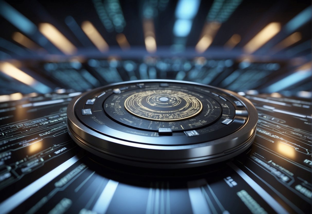 A futuristic data erasure tool deletes digital information amidst a backdrop of advanced technology and data management systems