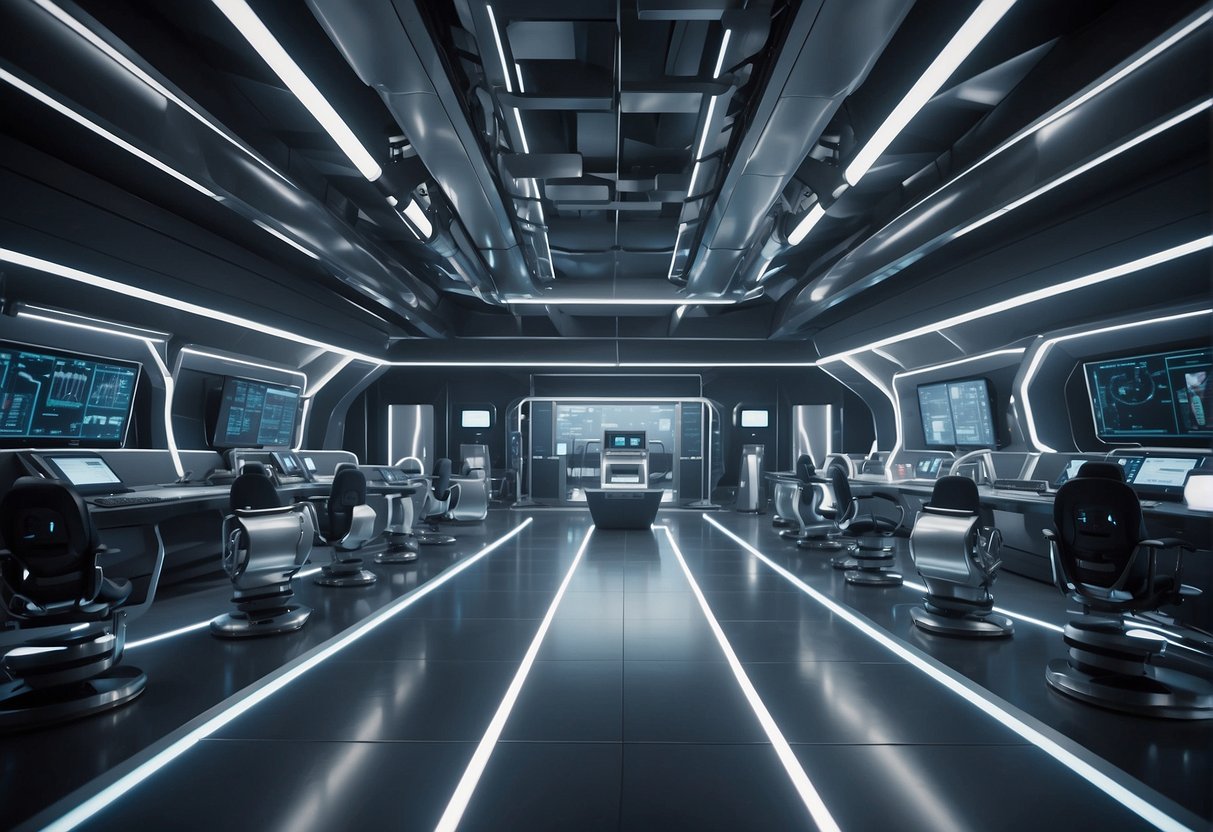 A futuristic data erasure facility with advanced technology and robotic arms. The scene is filled with sleek, metallic equipment and a sense of cutting-edge innovation