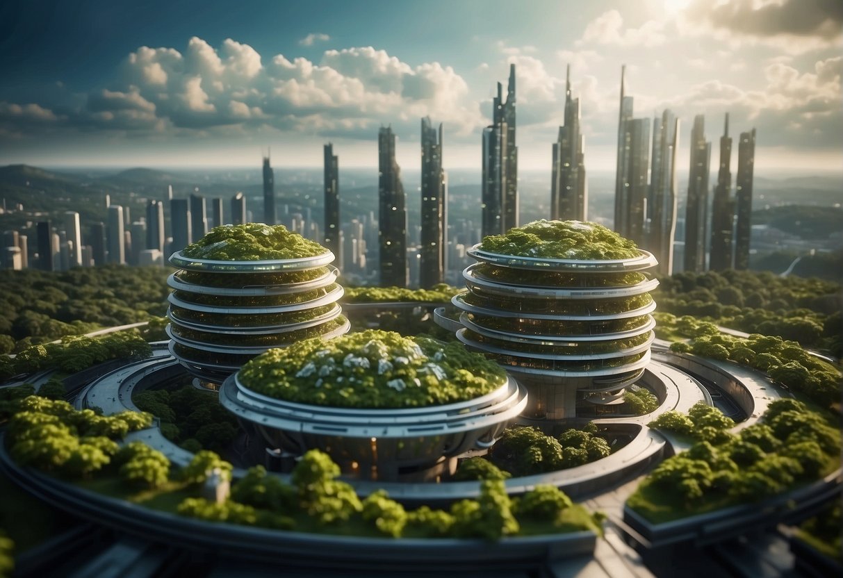 A futuristic city skyline with data servers integrated into the architecture, surrounded by lush greenery and renewable energy sources