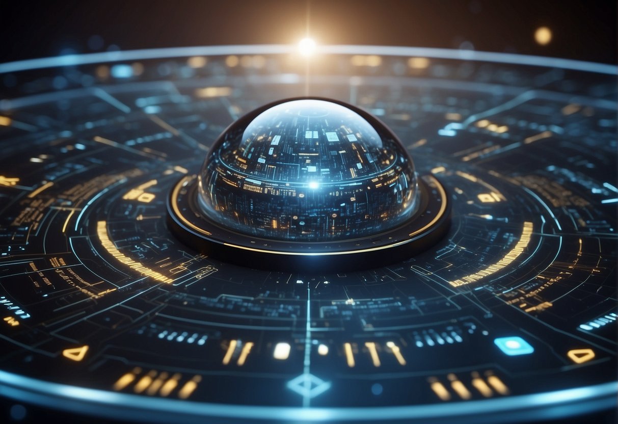 A futuristic data erasure tool hovers above a digital landscape, surrounded by swirling data streams and glowing technological symbols