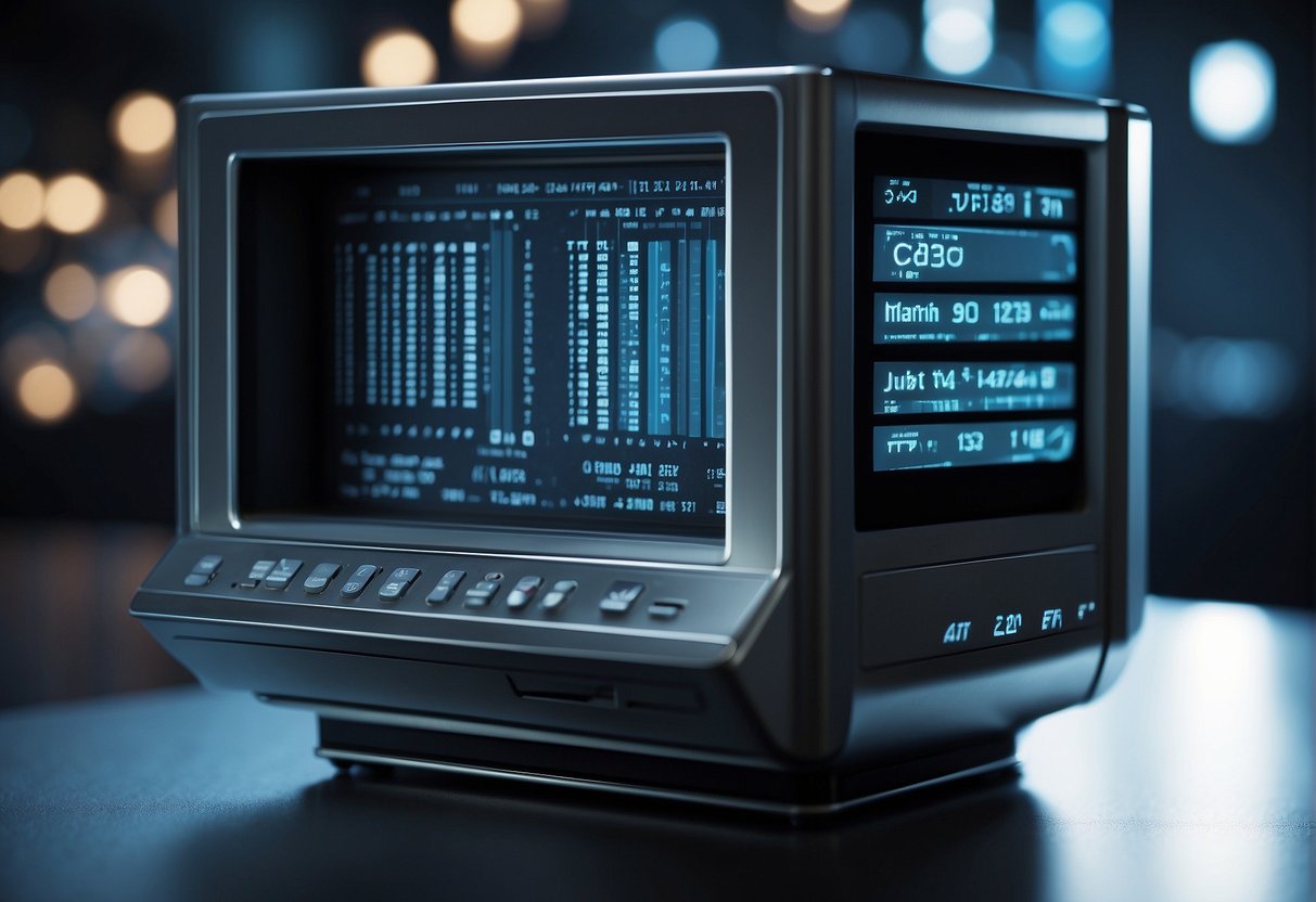 A futuristic data erasure machine deletes information from a glowing digital interface, symbolizing the future of data security trends and technology predictions