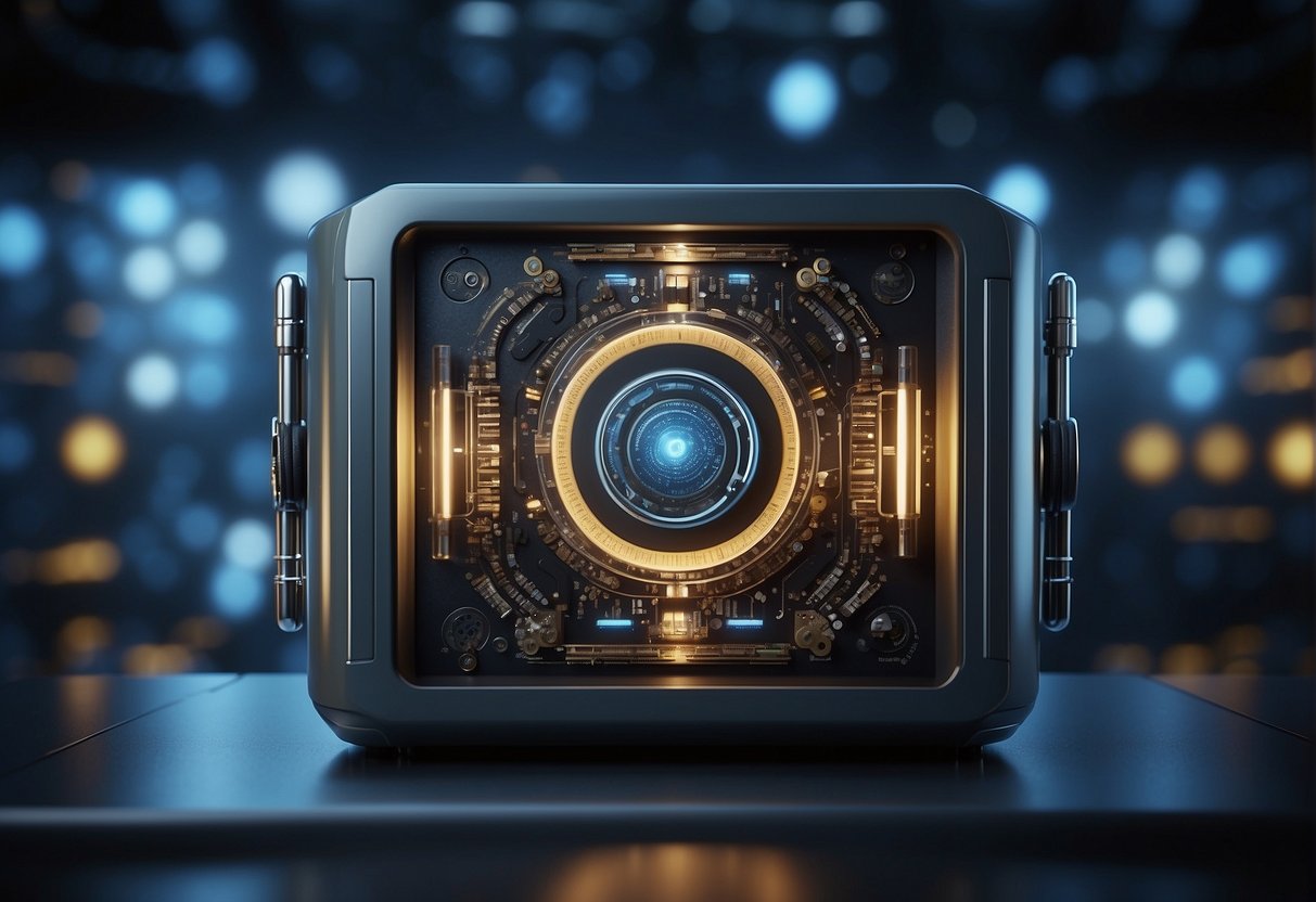 A futuristic data erasure machine whirrs and glows, surrounded by advanced technology and security measures. The scene exudes a sense of cutting-edge data security and the evolution of data erasure technology