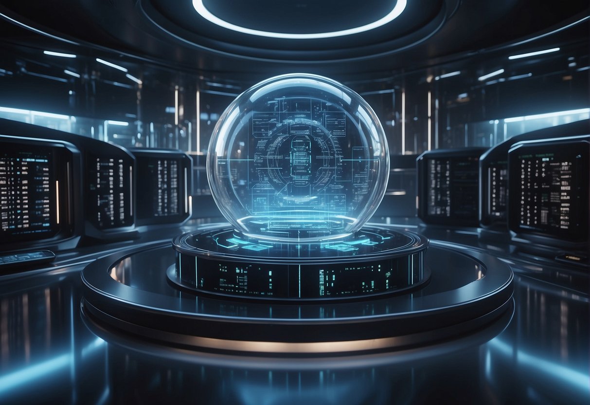 A futuristic data erasure machine surrounded by advanced security technology, with holographic displays showing data security trends and predictions