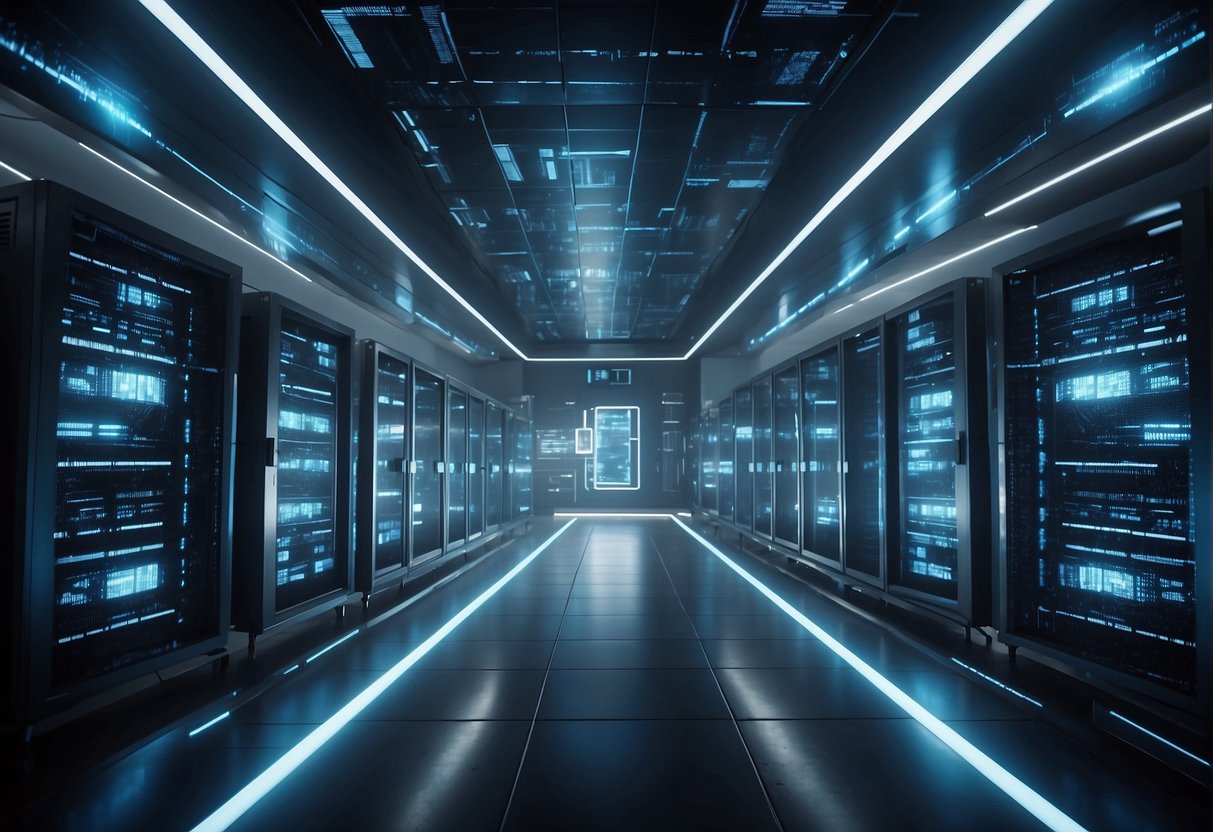 A futuristic server room with glowing data servers and advanced security measures. A digital cloud hovers above, symbolizing the future of data erasure and cutting-edge data security trends