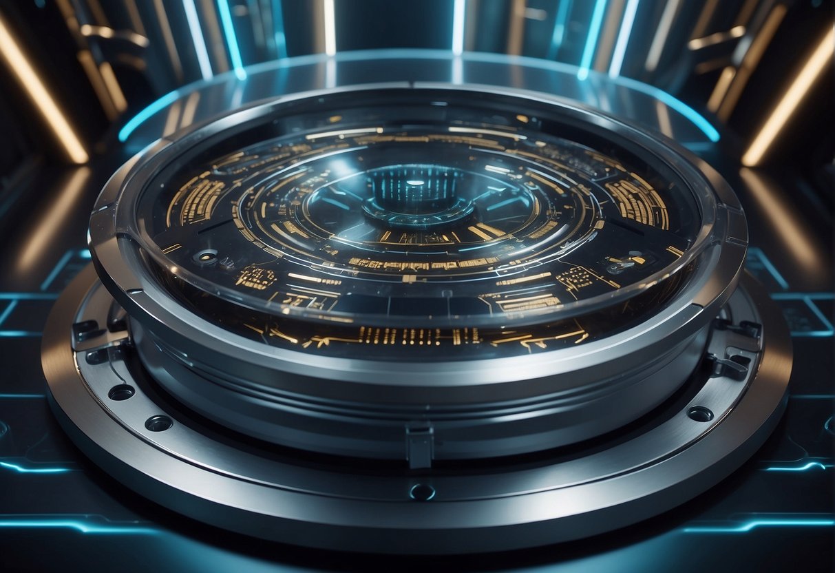 A futuristic data erasure machine erasing digital information, surrounded by advanced security technology and predictive analytics