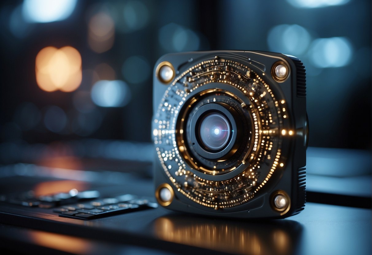 A futuristic data erasure device scans and encrypts data, while advanced security technology safeguards against cyber threats