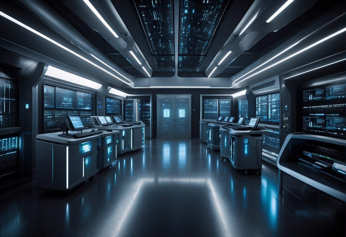 A futuristic data erasure facility with advanced security measures and cutting-edge technology. The scene showcases a sleek and sterile environment, with data servers and encryption devices