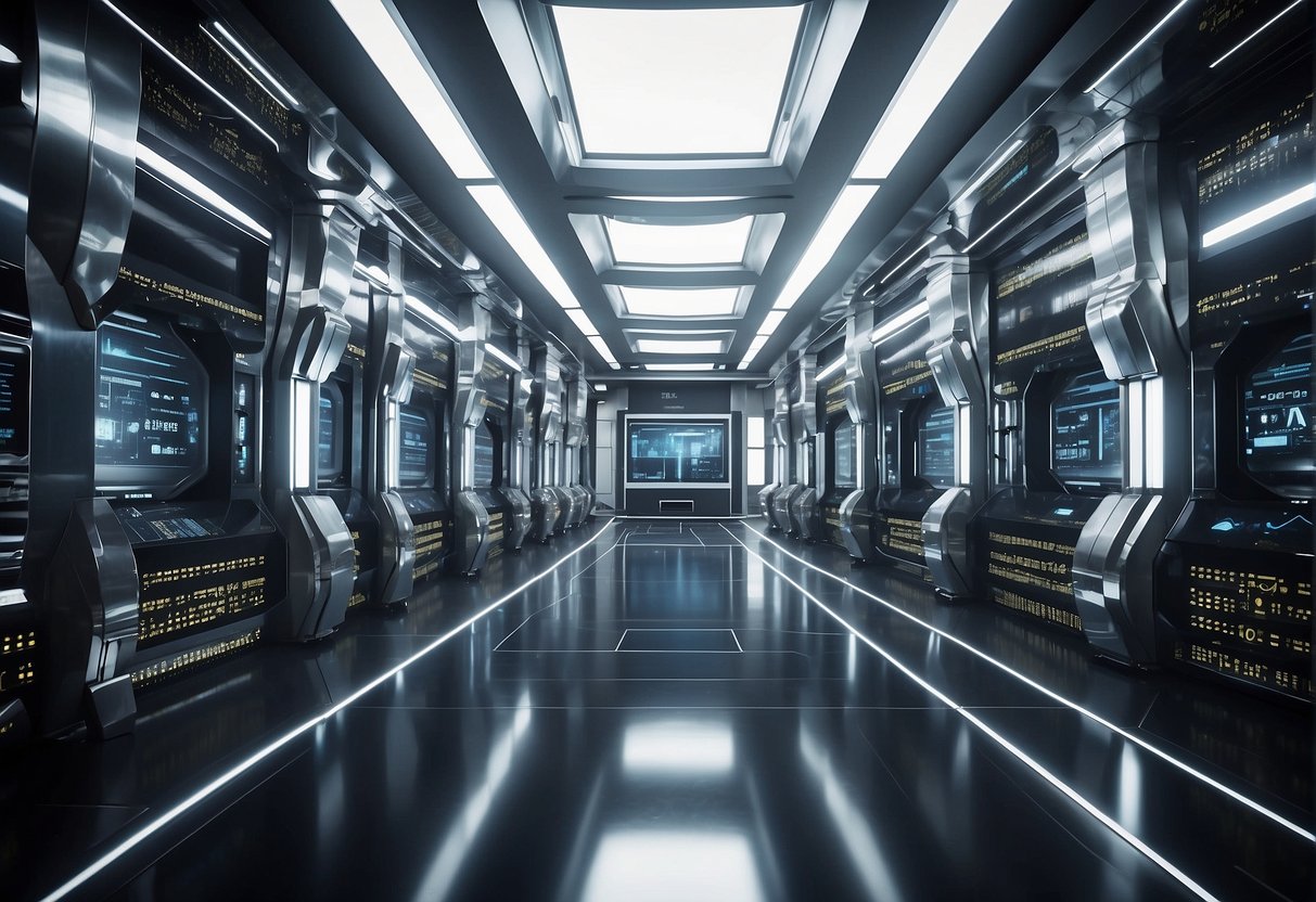 A futuristic data erasure facility with advanced security measures and cutting-edge technology. The architecture reflects robustness and innovation, with sleek and modern design elements