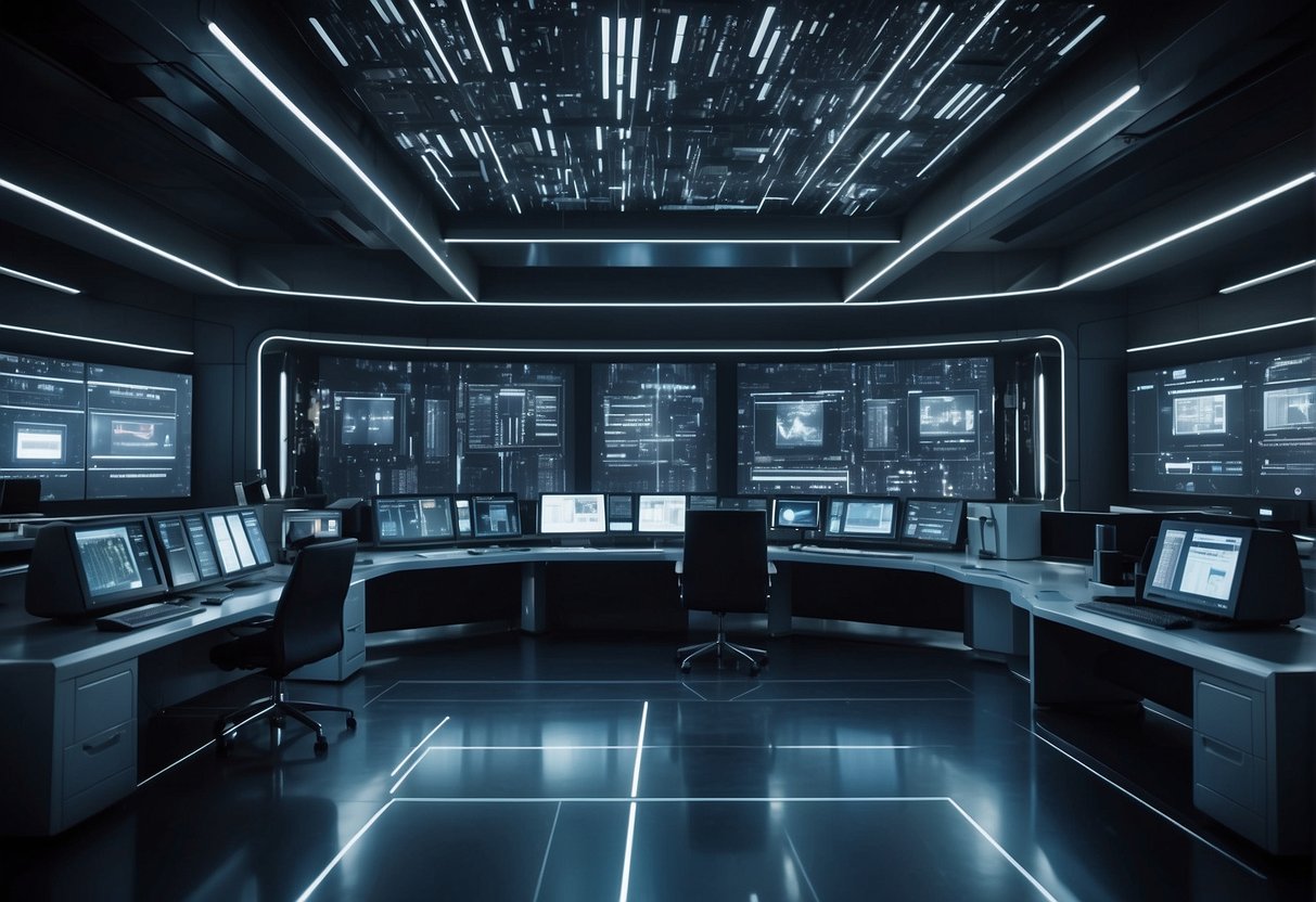A futuristic data erasure facility with advanced security measures and cutting-edge technology, showcasing the latest trends and predictions in data security