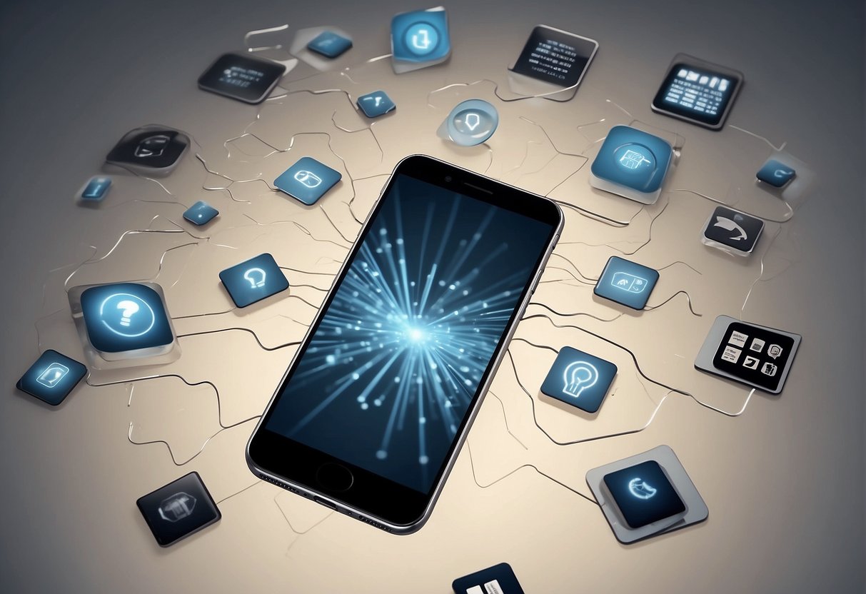 A mobile device being wiped clean with a data erasure tool, surrounded by question marks and information icons