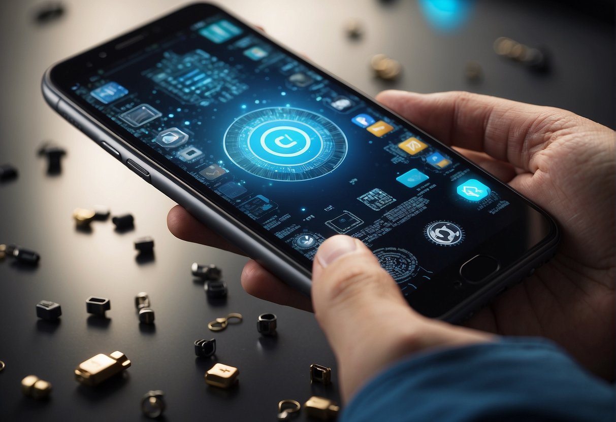 A smartphone being wiped clean of data, surrounded by security locks and protection symbols