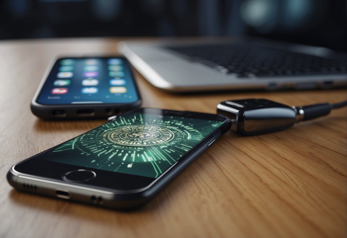 A smartphone being securely wiped clean with a digital eraser tool, surrounded by a shield symbolizing protection
