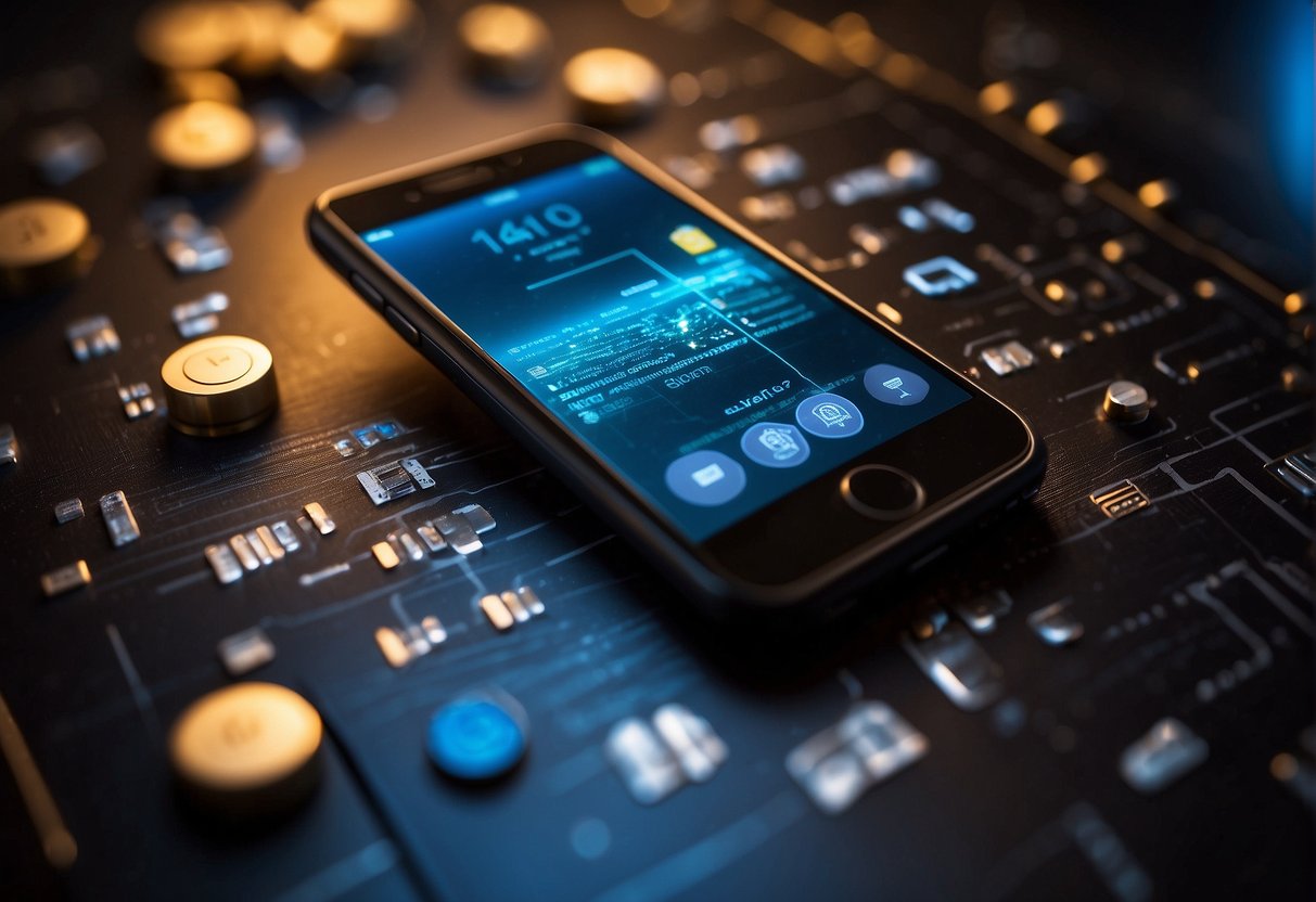 A smartphone being wiped clean with a data erasure tool, surrounded by security features like passcodes and encryption symbols