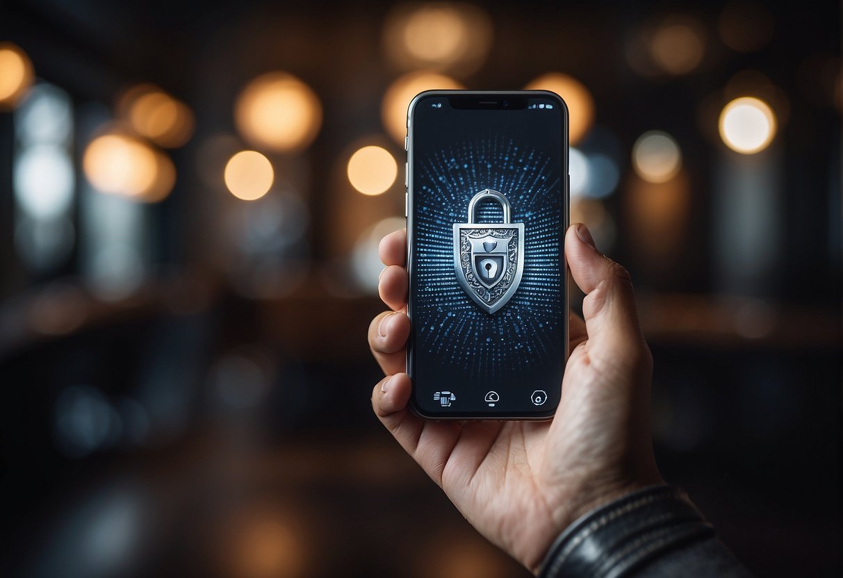 A hand holding a smartphone with a shield symbol, surrounded by a lock, eraser, and key icons