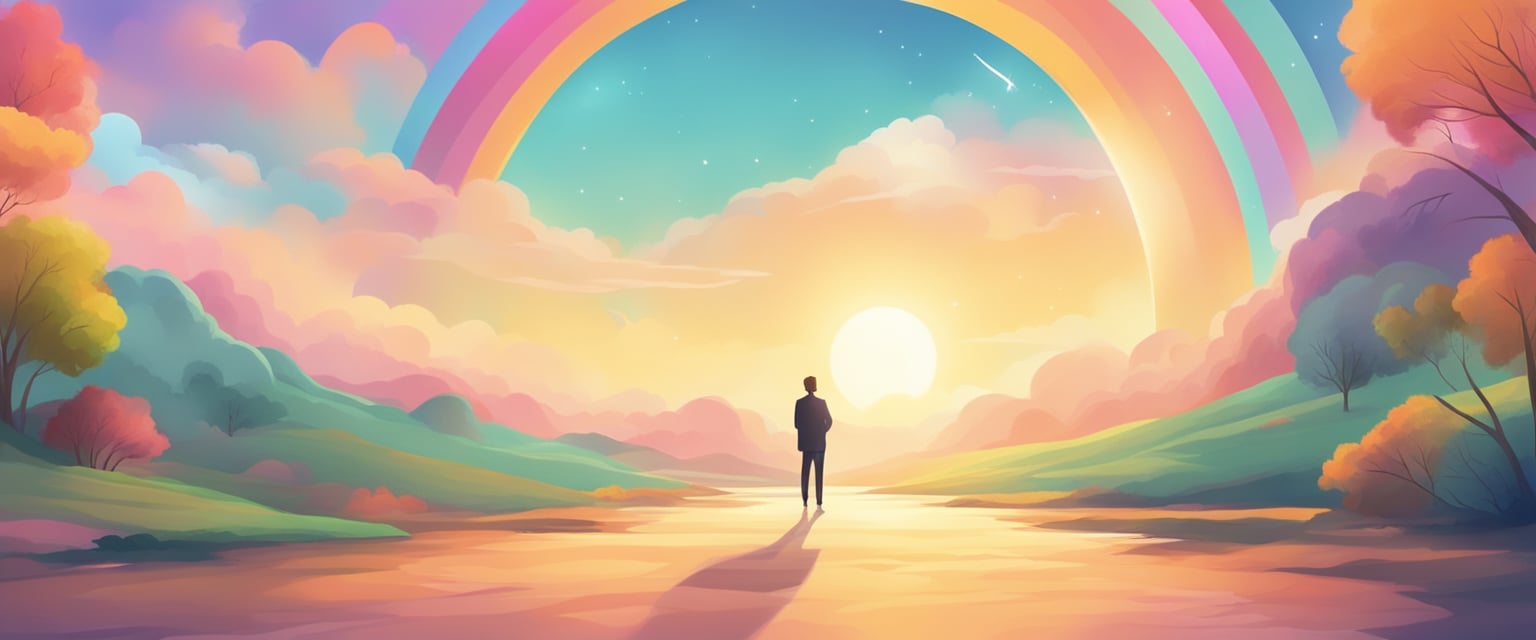 A serene, open space with soft natural light. A collection of positive affirmations written on colorful, uplifting backgrounds