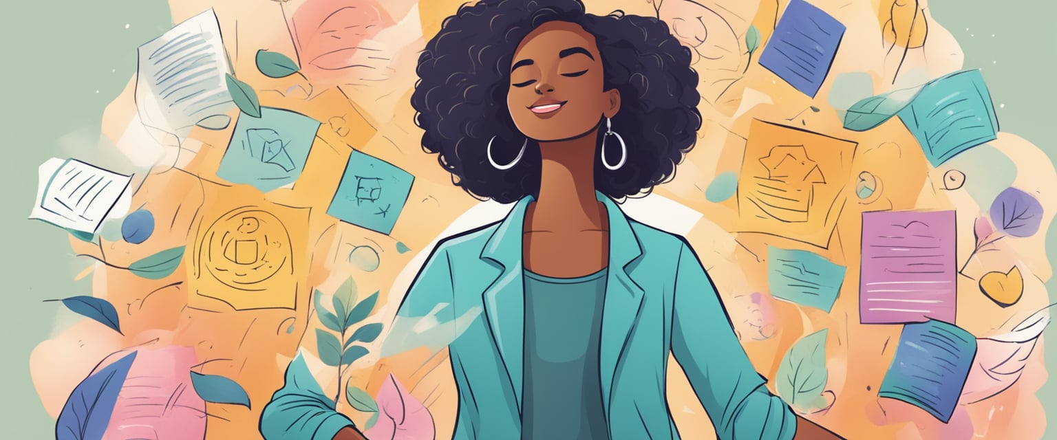 A person surrounded by positive affirmations, feeling confident and empowered