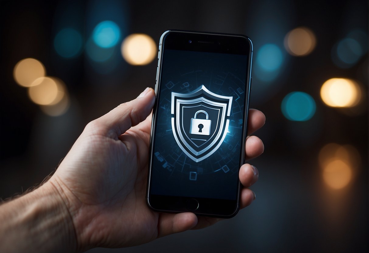 A hand holding a smartphone, surrounded by a shield symbol, with a lock and key icon in the background