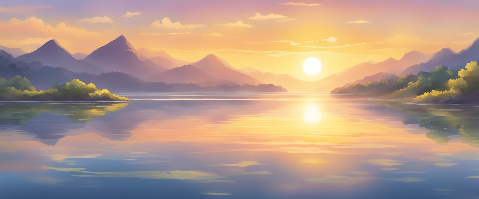 A bright sun rises over a serene landscape, with affirmations written in the sky and reflected in the calm waters below
