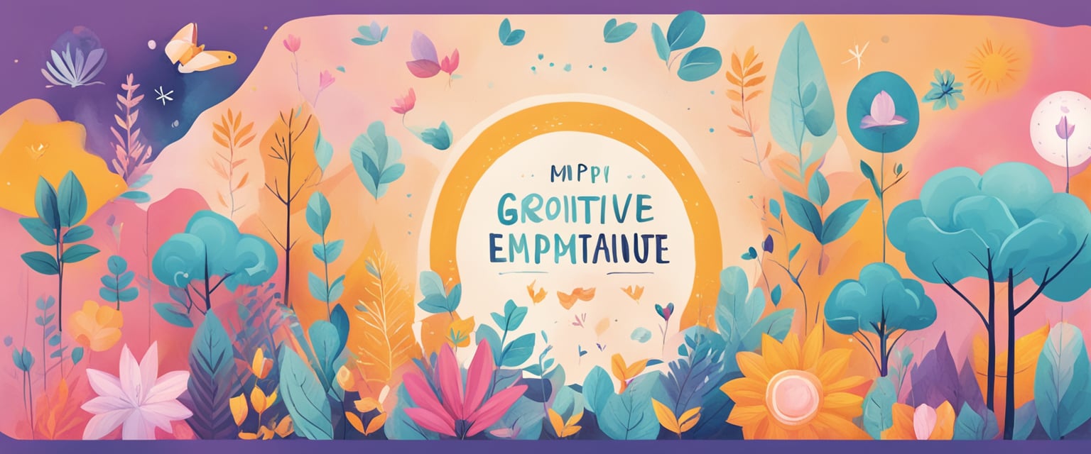 A series of positive affirmations displayed on a colorful backdrop, surrounded by uplifting imagery and symbols of growth and empowerment