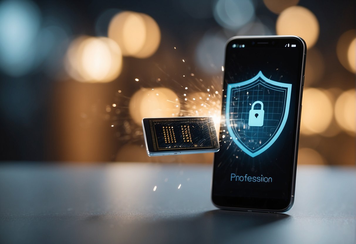 A smartphone being securely wiped clean of data, surrounded by a shield symbol and lock icon for protection against breaches