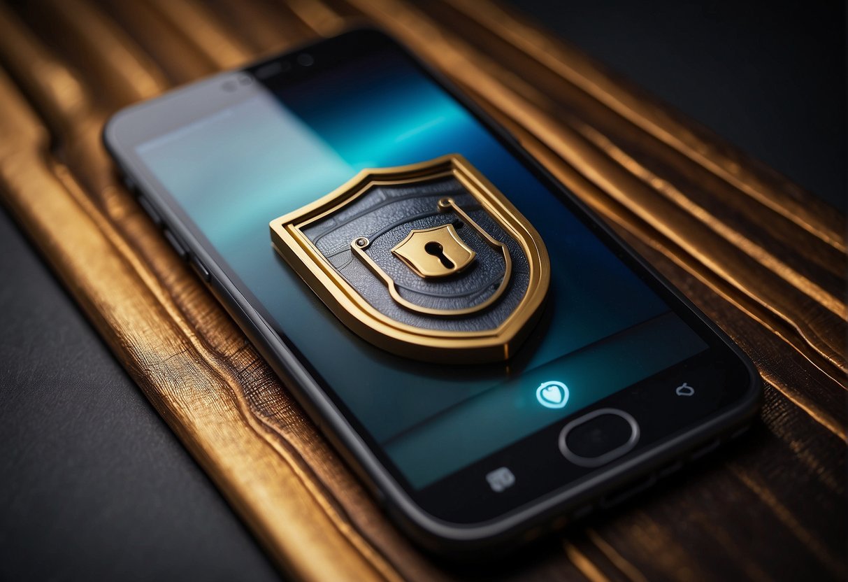 A smartphone being securely wiped of data, with a shield symbolizing protection and a lock representing security