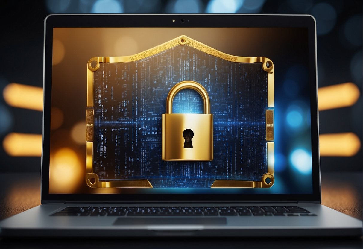 A computer screen displaying a secure data erasure process, with a lock symbol and a shield icon to represent protection against identity theft