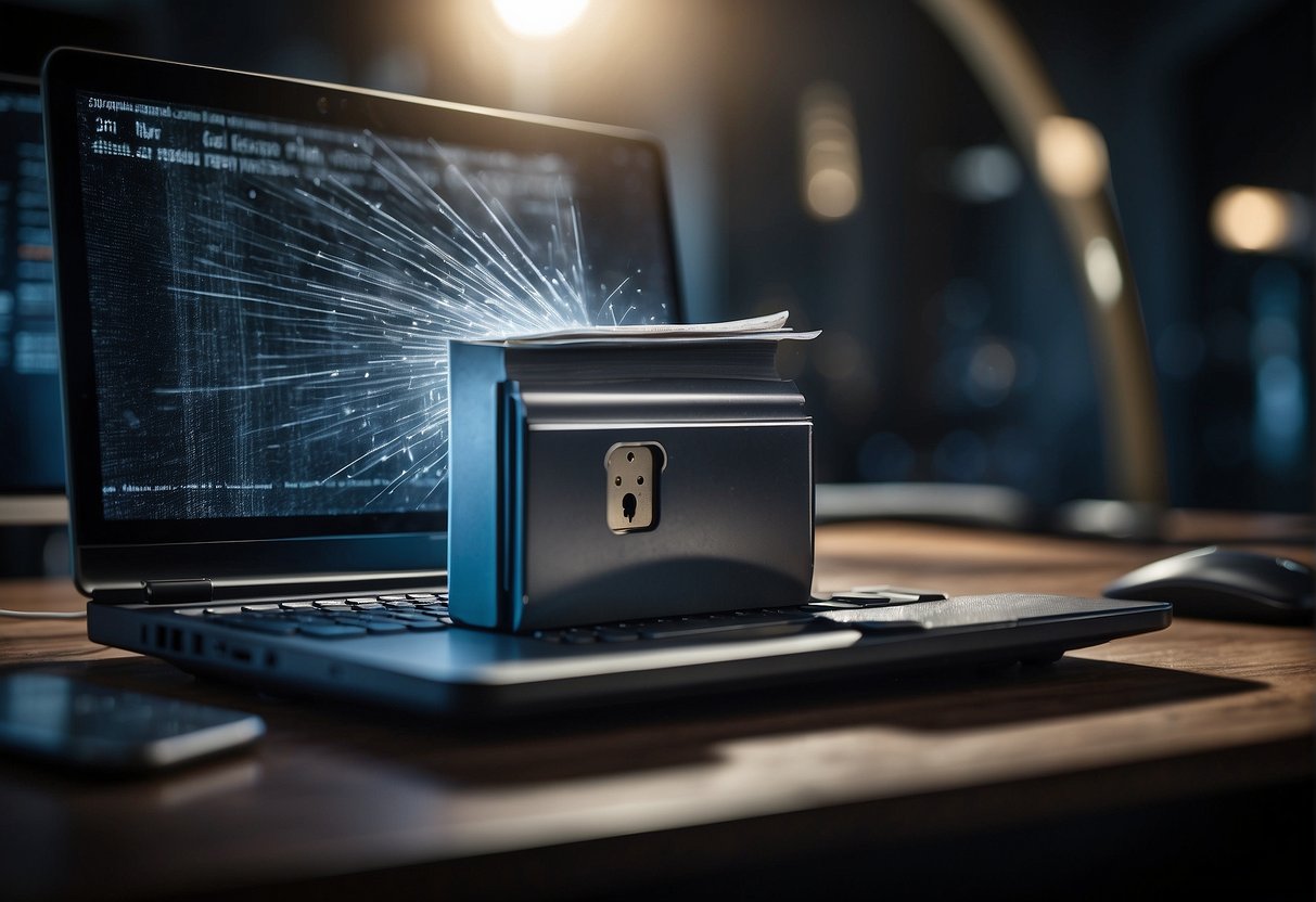 A computer screen displaying personal information being erased, a shredder destroying documents, and a lock symbolizing protection against identity theft