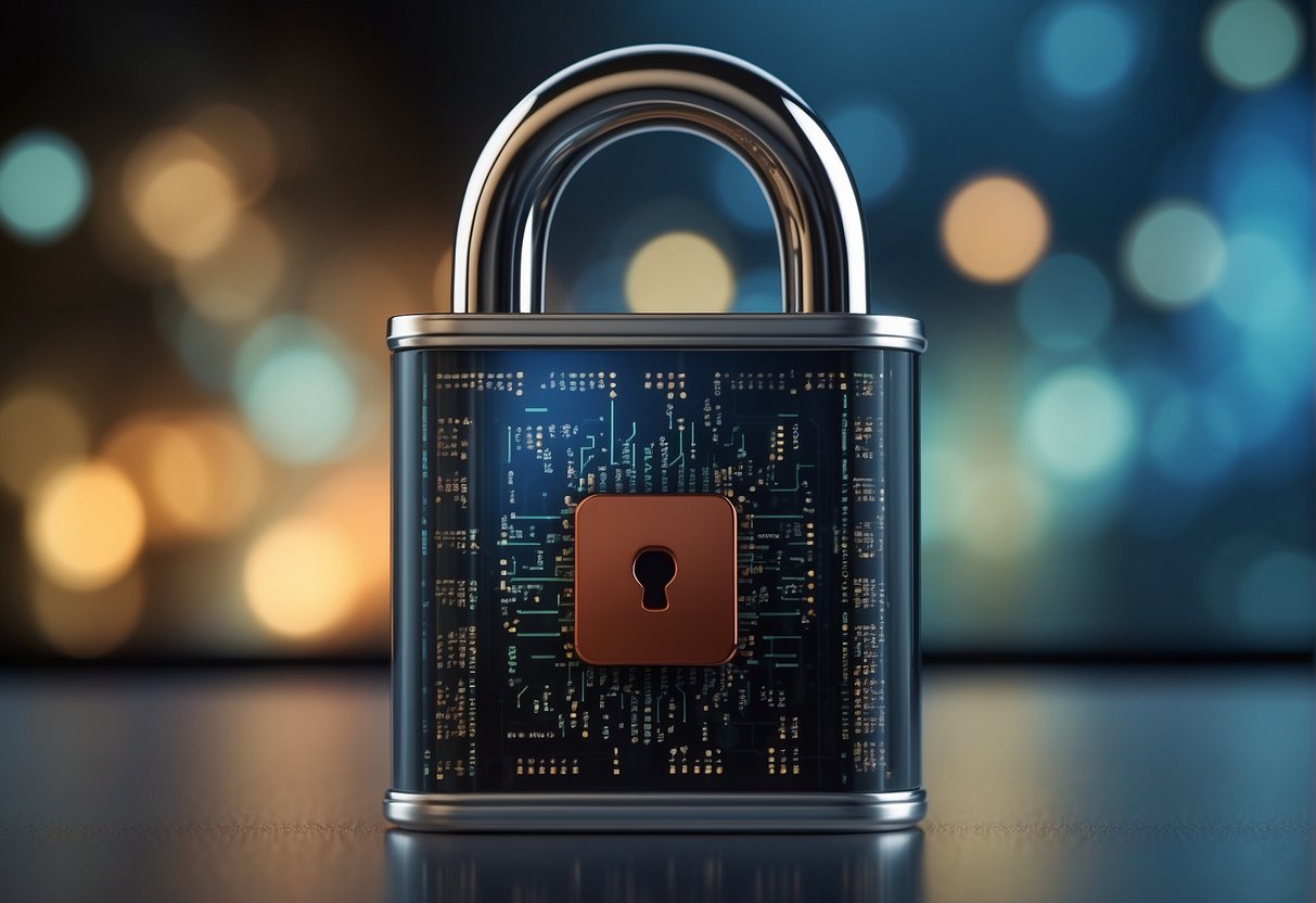 A computer screen shows a secure data erasure process in progress, with a lock icon symbolizing protection against identity theft