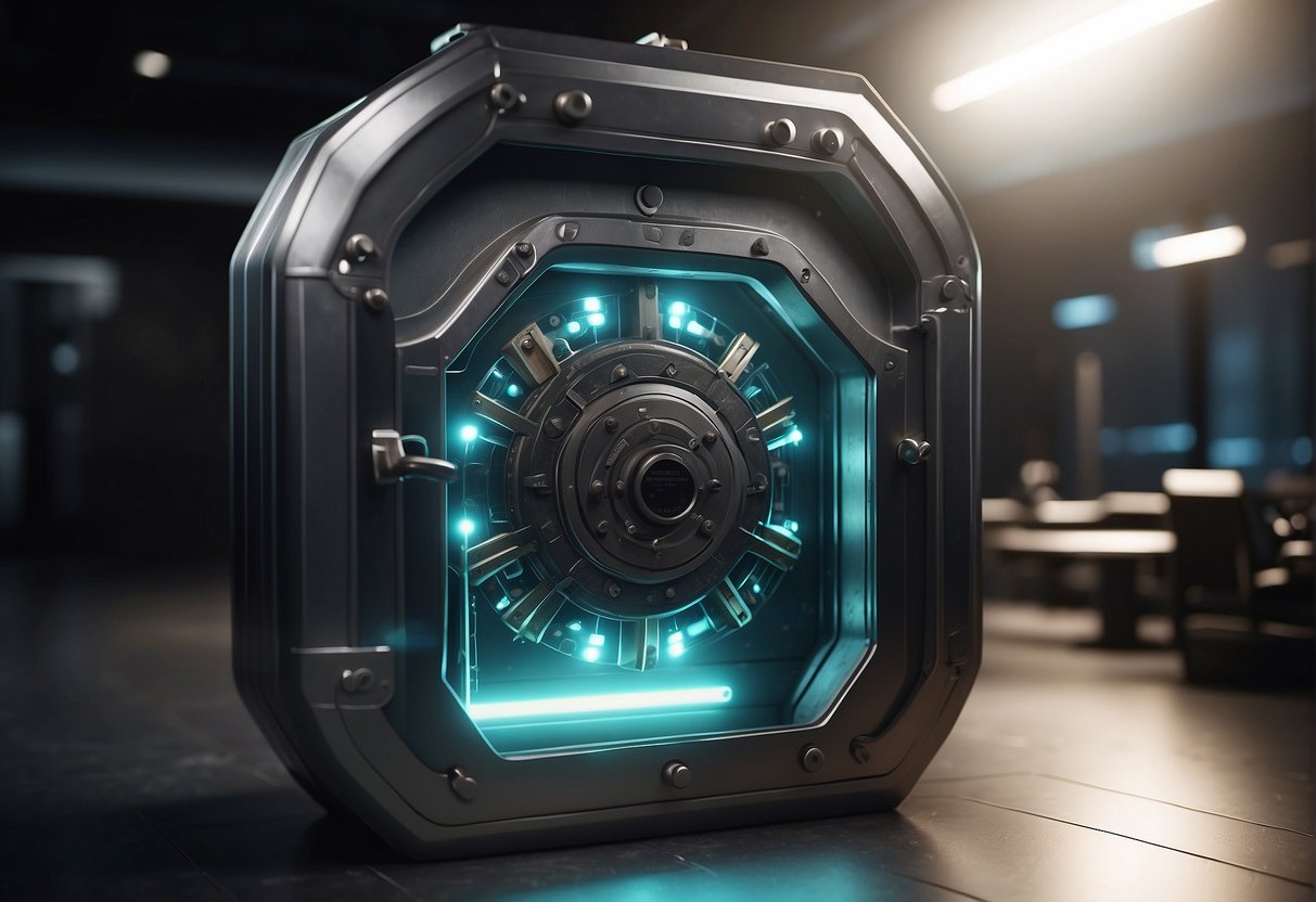 A locked vault with a glowing shield around it, surrounded by digital devices being wiped clean