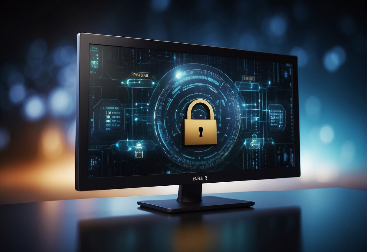 A computer screen displaying a secure data erasure process with a lock icon symbolizing protection against identity theft