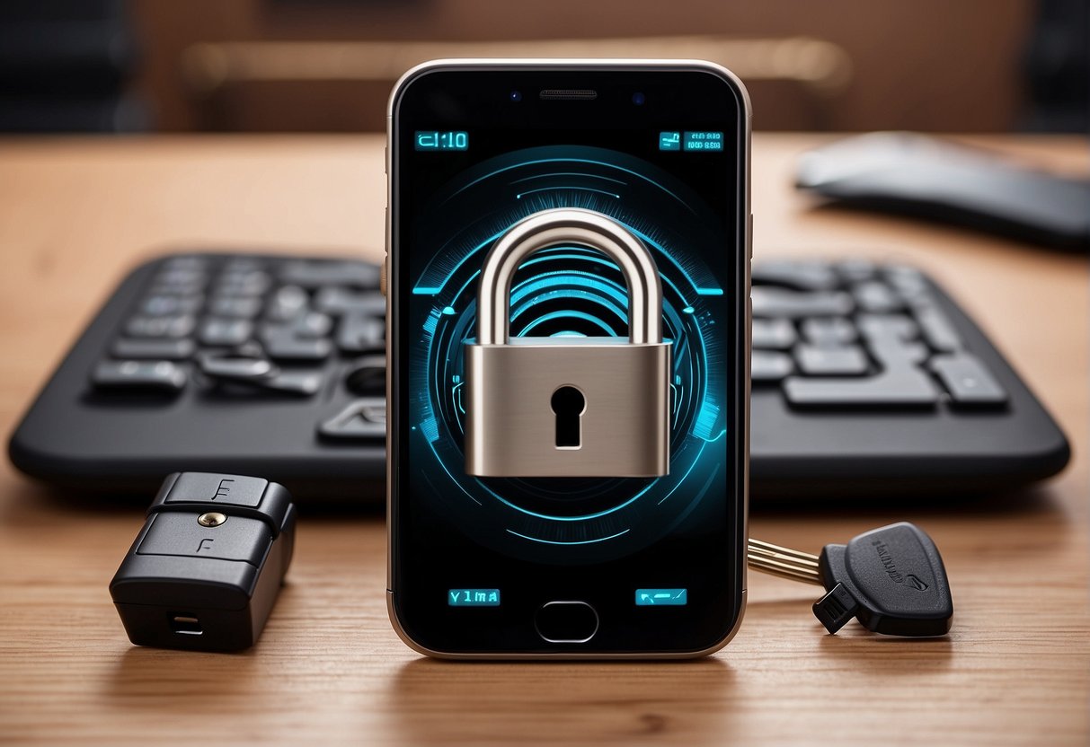 Personal devices surrounded by a shield, with a lock and key symbolizing data protection. A shredder in the background represents data erasure to prevent identity theft