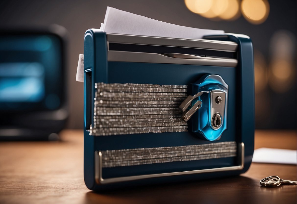 A shredder destroying documents with sensitive information, a lock on a secure folder, and a shield protecting personal data from cyber threats