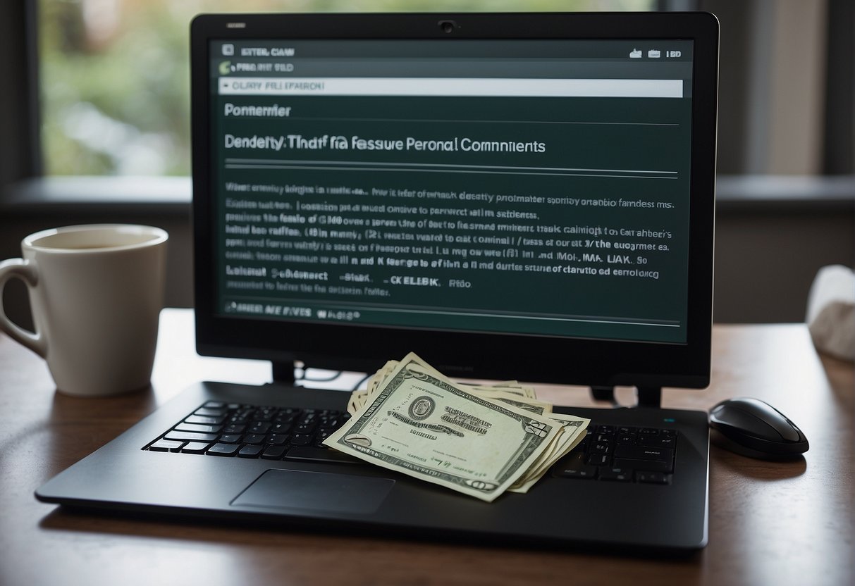 A shredder destroying personal documents with keywords "identity theft protection" and "data erasure" displayed on a computer screen