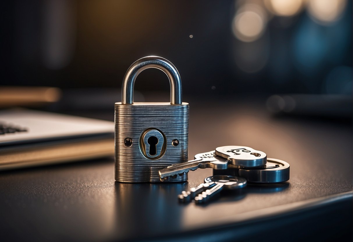 A lock and key symbolizing personal data security, with a shredder in the background erasing data