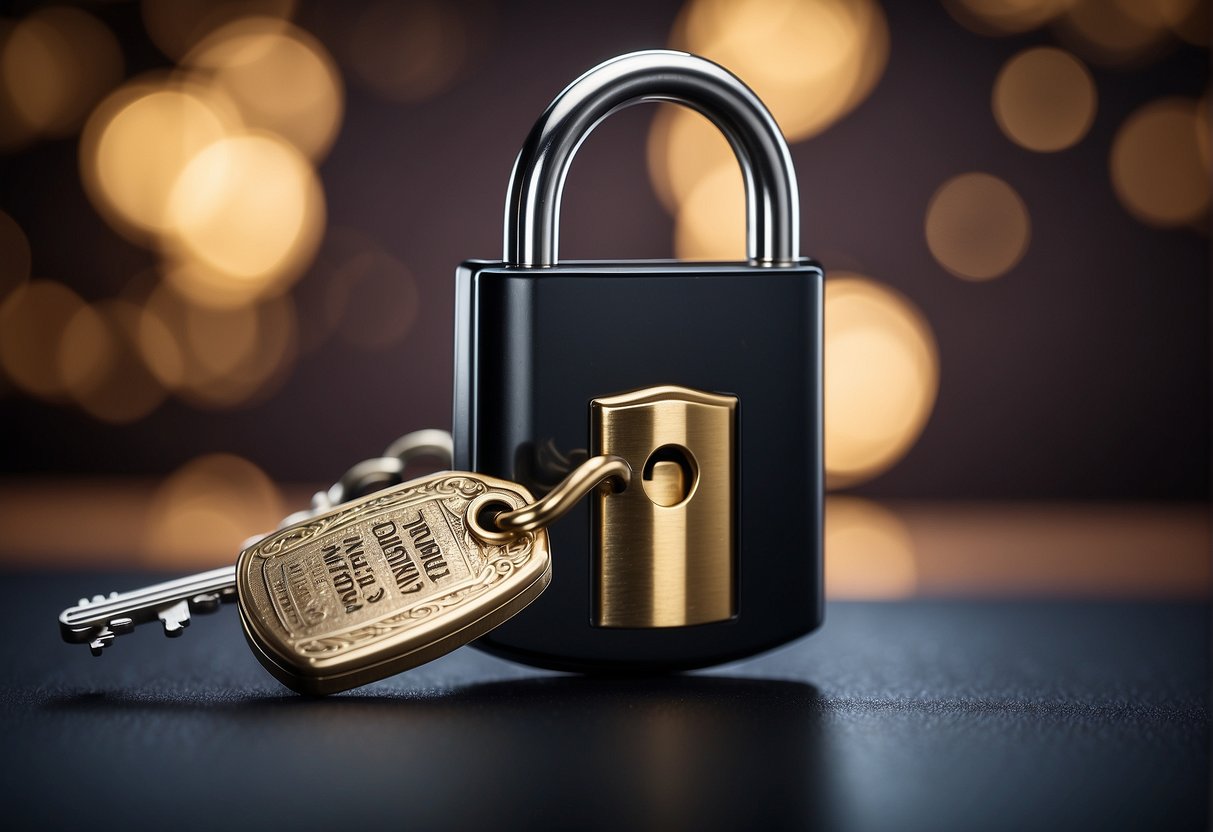 A lock and key symbolizing password protection, surrounded by a shield representing data security and a shredder symbolizing data erasure