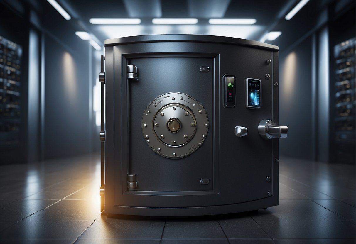A secure vault with a shielded lock, surrounded by a firewall and guarded by a data erasure mechanism