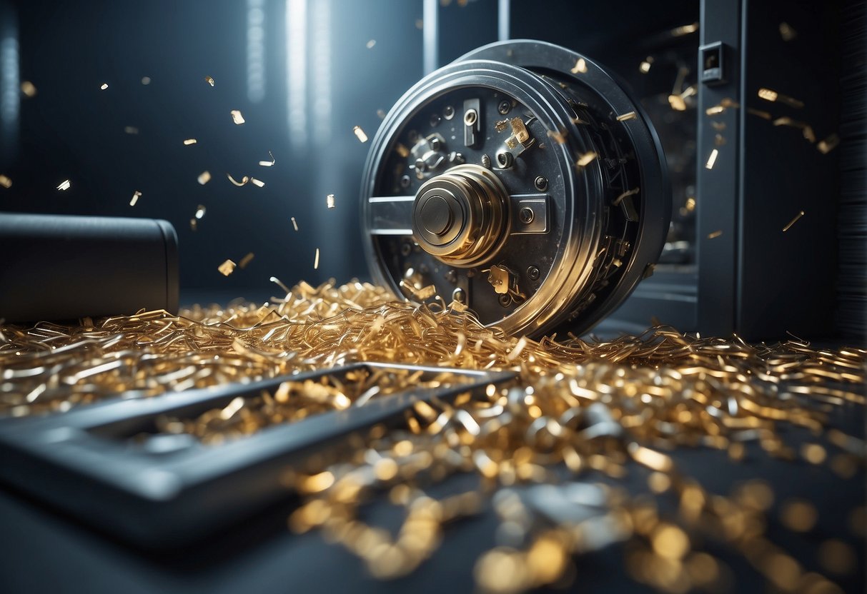 A secure vault with a shielded lock, surrounded by a digital force field. Shredded documents and erased data scattered around