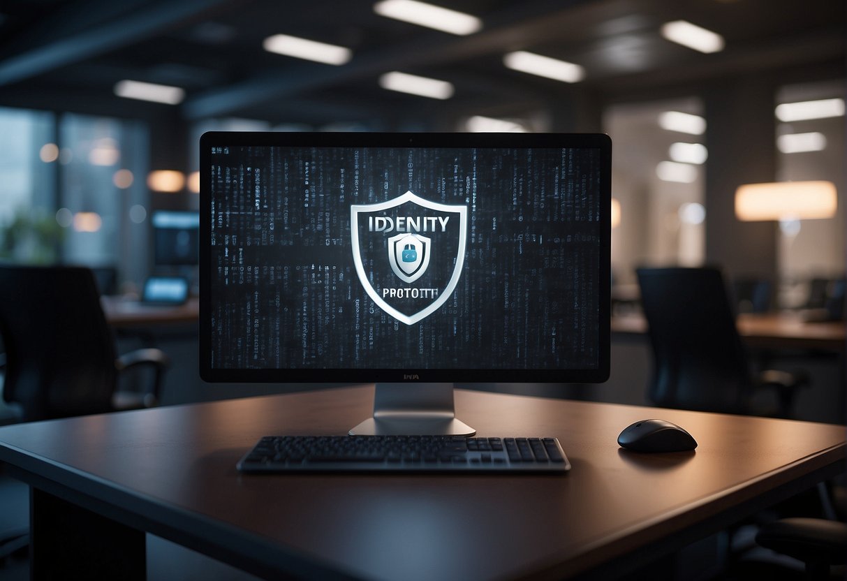 A computer screen displaying a shield with the words "Identity Theft Protection" surrounded by a lock symbol. A shredder in the background erasing personal data