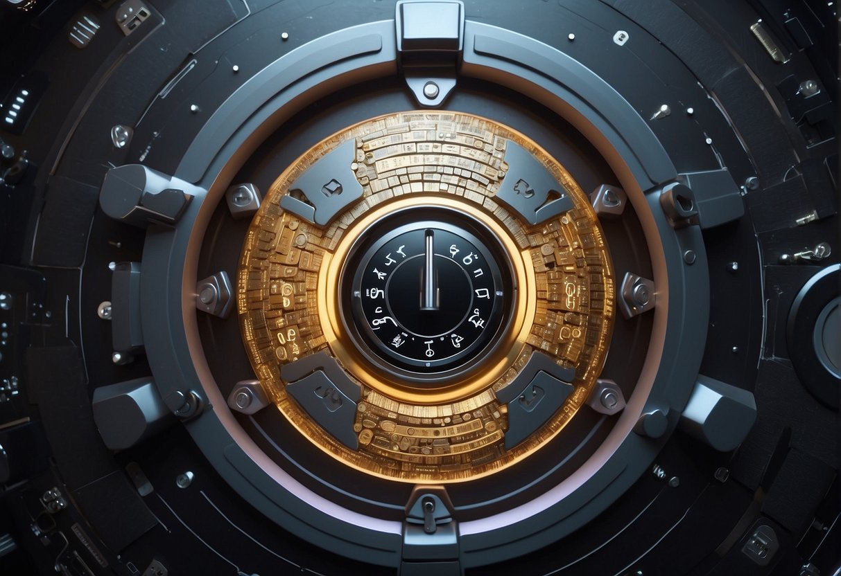 A secure vault door with a digital lock, surrounded by a shield of data erasure symbols and personal data security icons