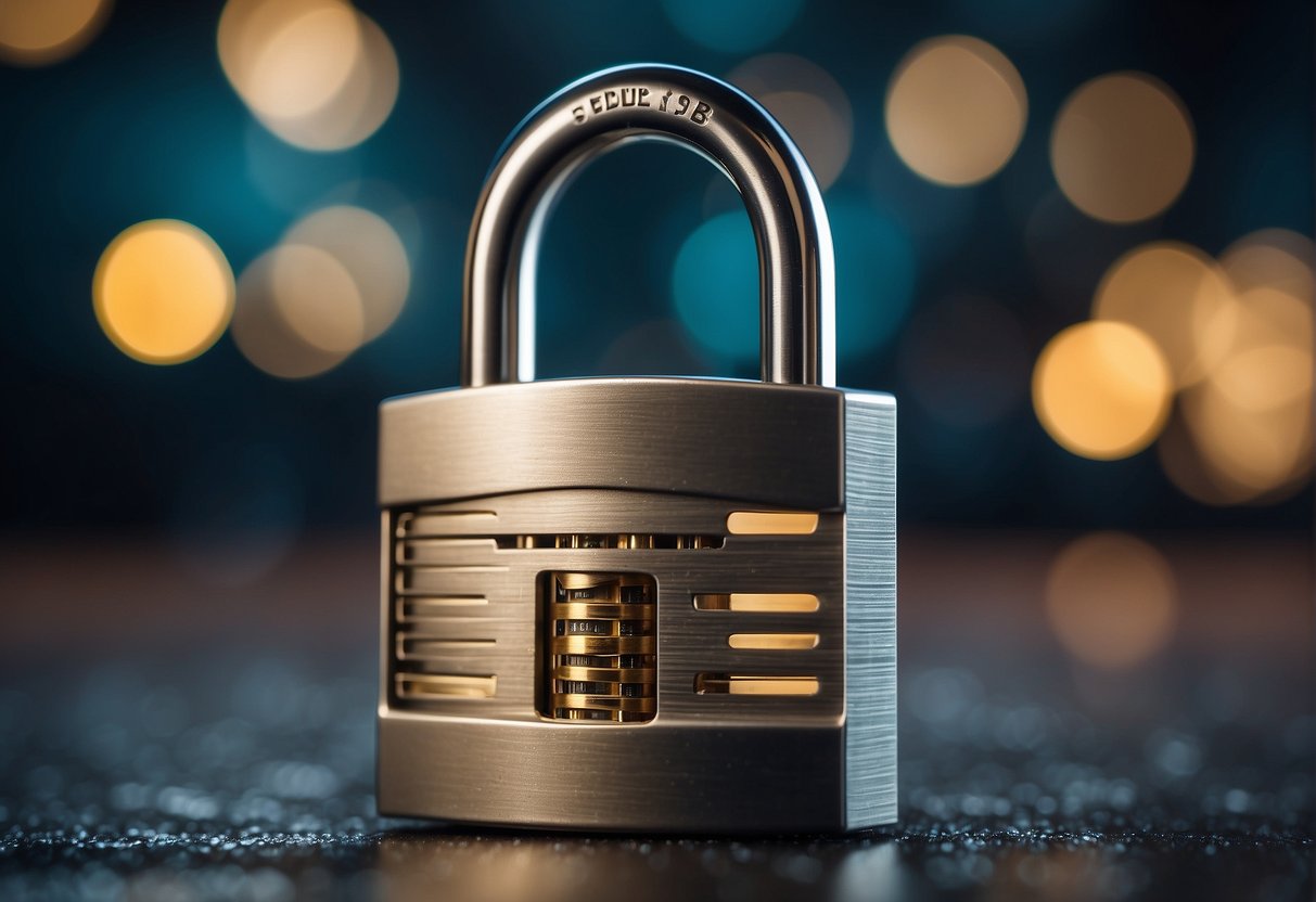 A padlock symbolizing security with a shield and a shredder in the background, representing data protection and erasure