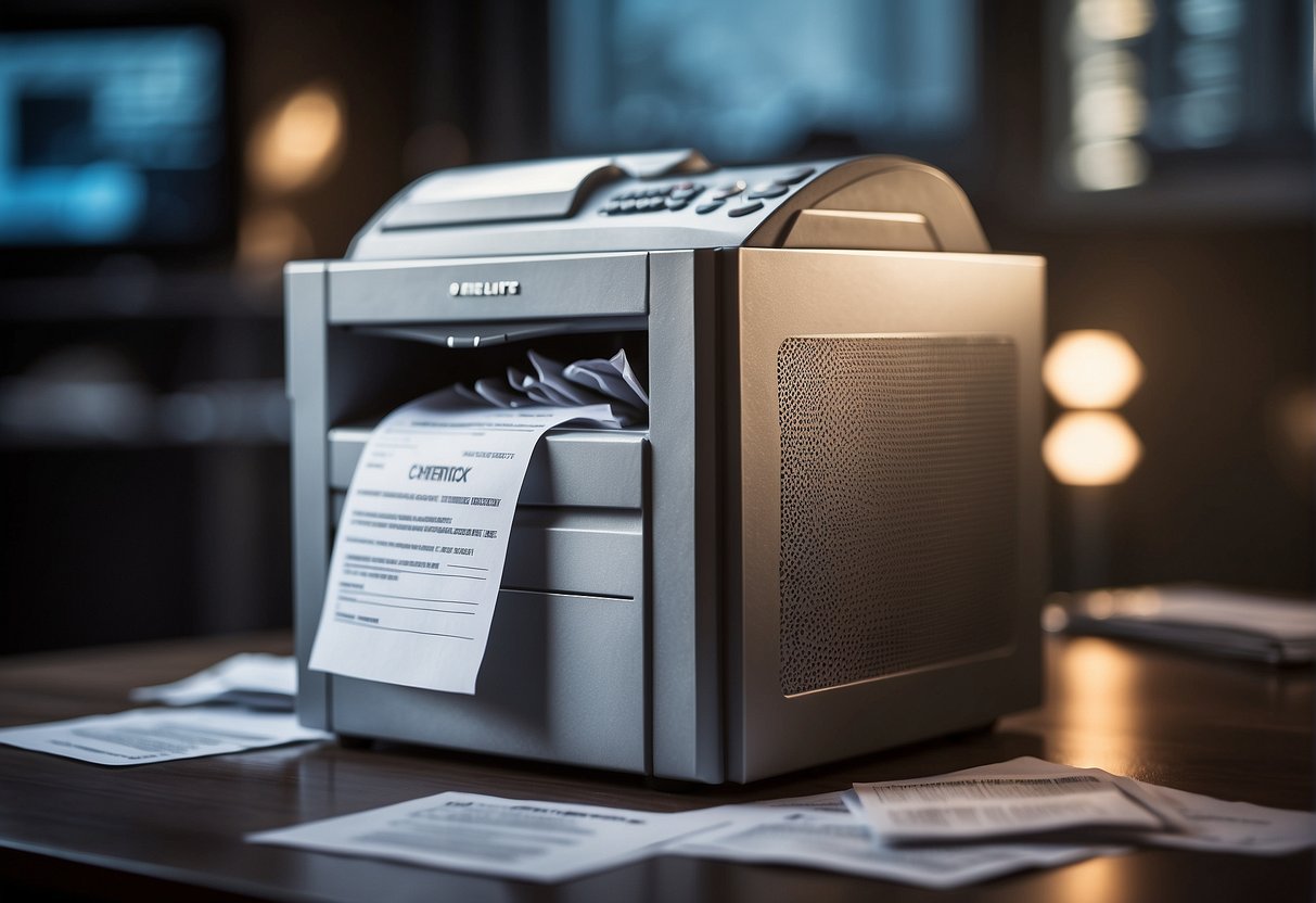 A computer screen displaying a data erasure policy document. A shredder machine destroying paper documents. A locked file cabinet with a "confidential" label