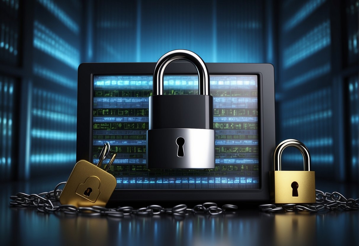 A computer screen displaying a secure data erasure process with a padlock symbol, surrounded by servers and a shredder in the background