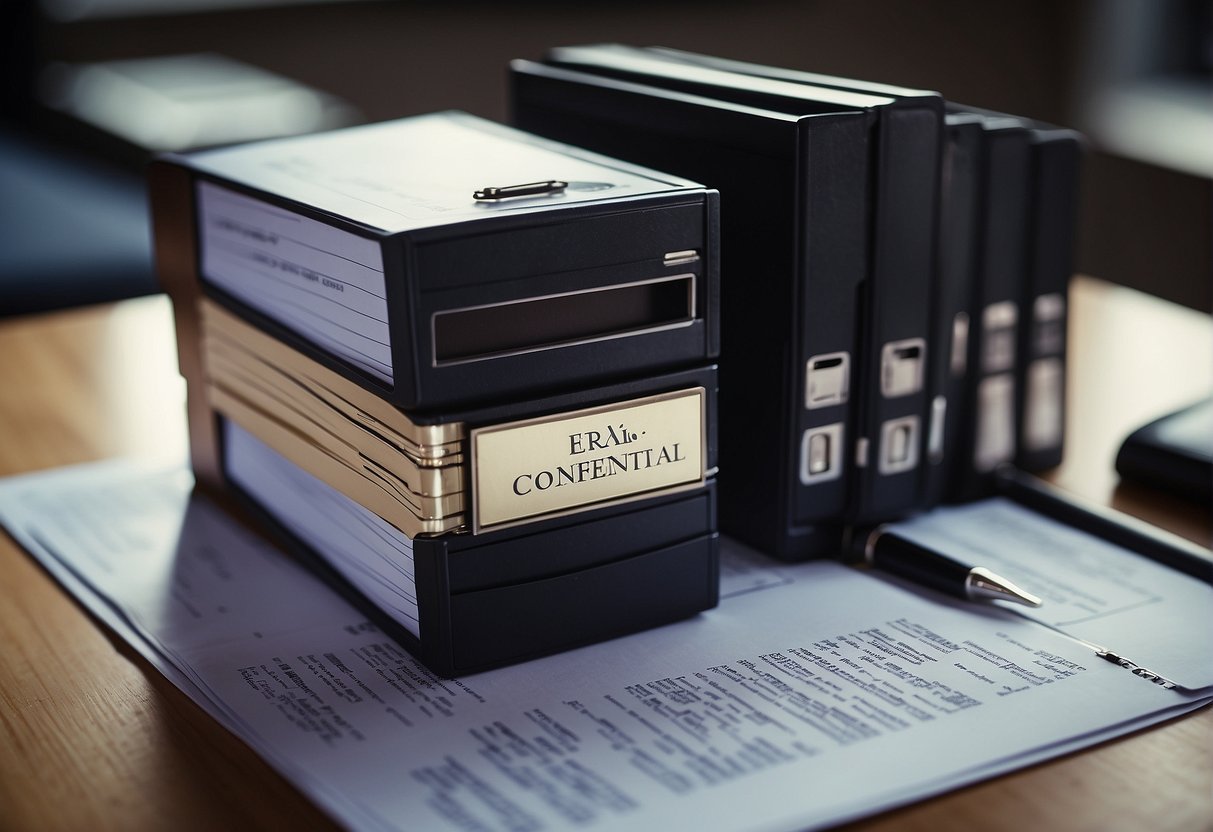 A stack of legal documents, a computer screen displaying data erasure policies, and a locked filing cabinet labeled "confidential data."