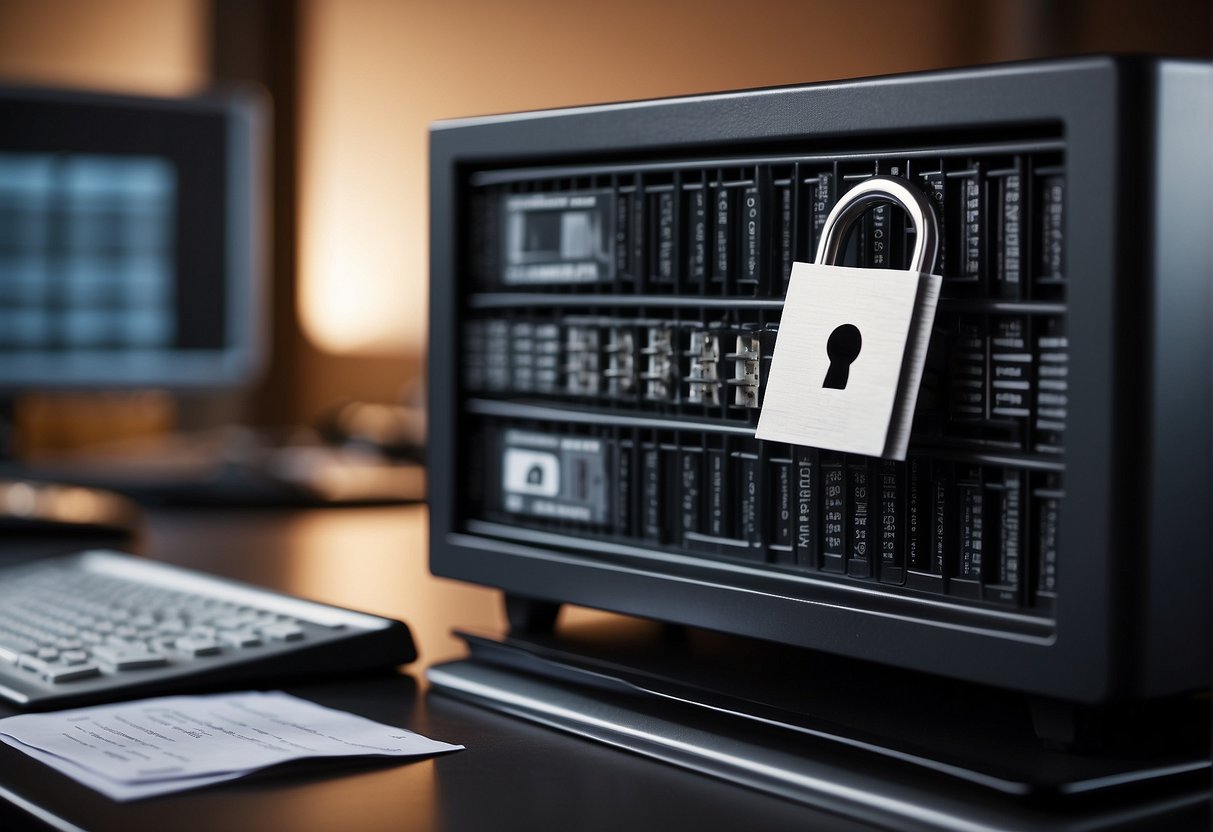 A computer screen displaying a data erasure policy document, surrounded by a lock symbol and a shredder icon. A file cabinet with labeled folders sits in the background