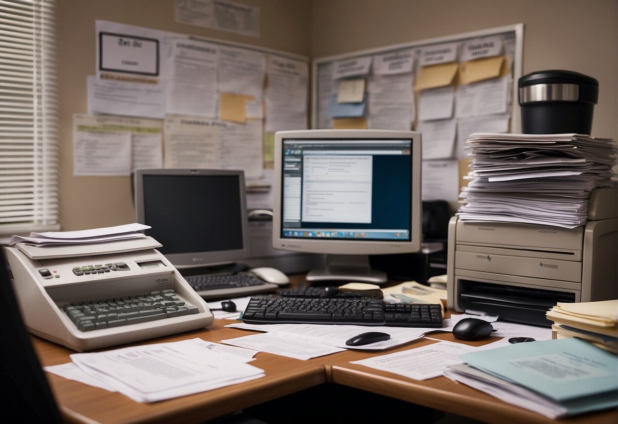A cluttered office desk with a computer, files, and a shredder. A policy document on the wall. Data erasure steps listed on a whiteboard